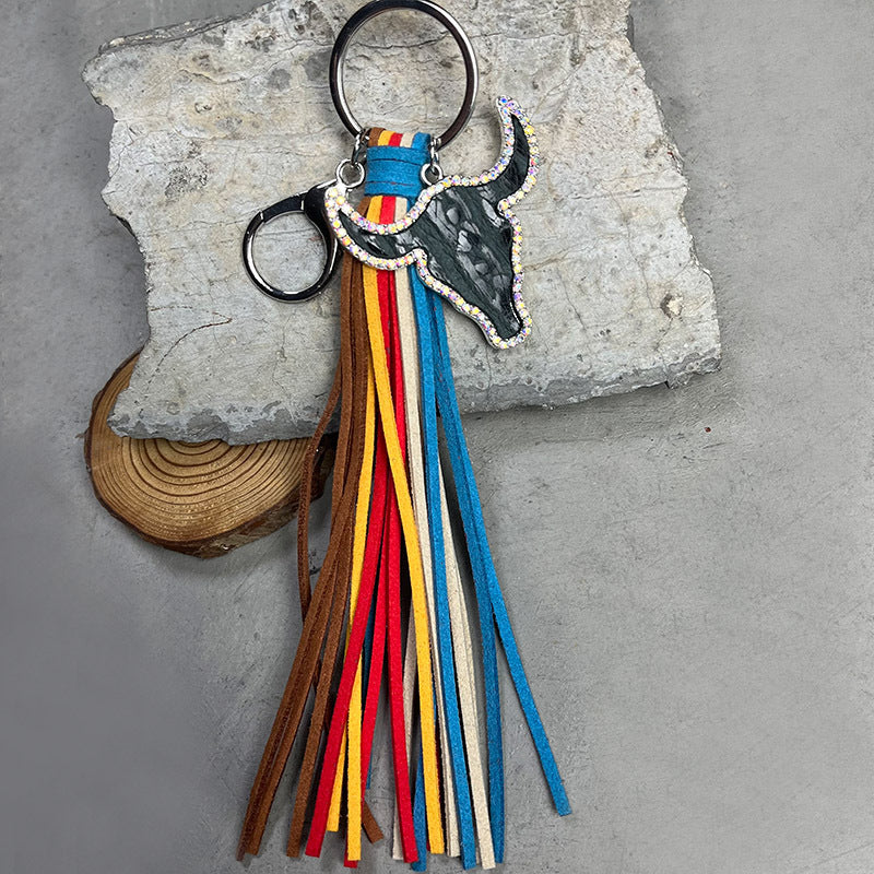 Wholesale 2pcs/pack Leather Bull Head Colorful Tassel Ethnic Style Keychain